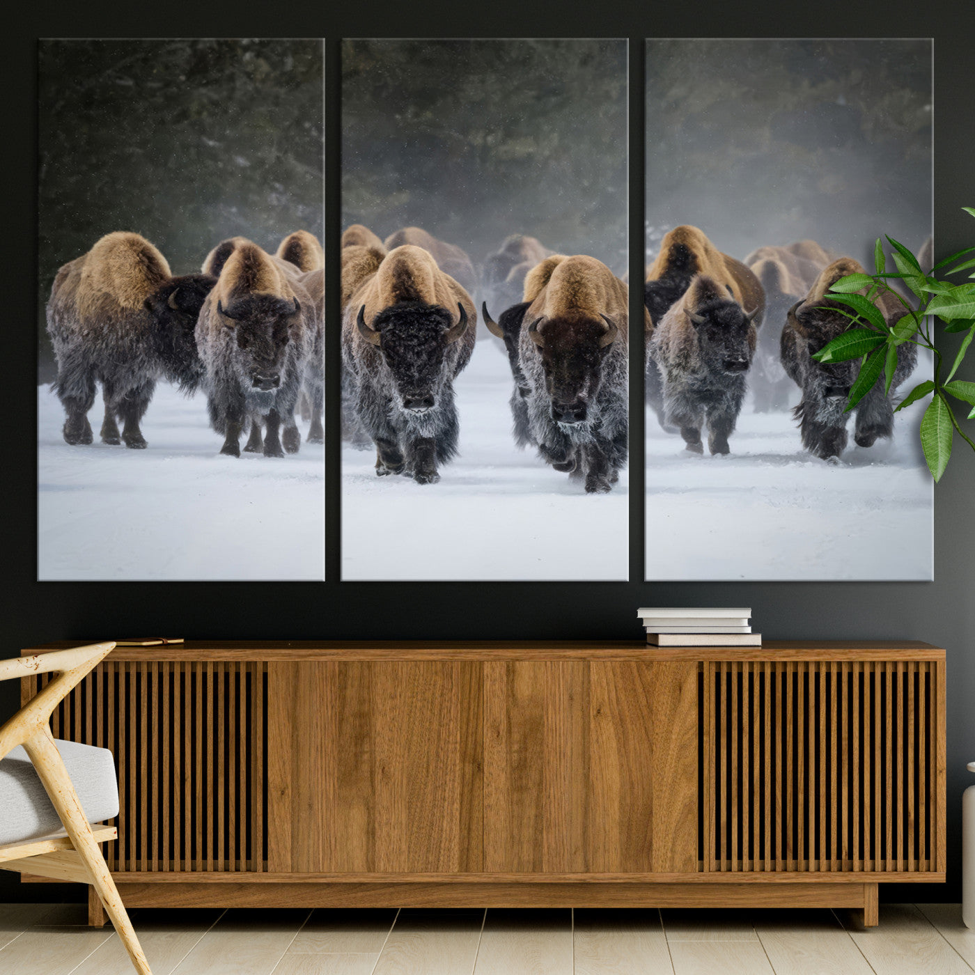 41669135-MGV-CV-36X24-Bison Herd Scene Wall Art Canvas Print, Framed Rustic Wildlife Decor Art Picture Print, Snowy Bison Landscape Perfect Rustic