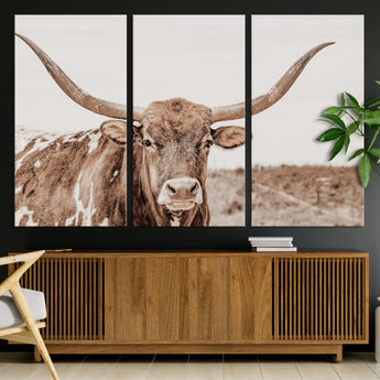 77810049-MGV-CV-36X24-Longhorn Bull Photo Wall Art Canvas Print, Framed Rustic Cow Decor Art Picture Print, Neutral Farmhouse Style Perfect Rustic