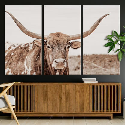 77810049-MGV-CV-36X24-Longhorn Bull Photo Wall Art Canvas Print, Framed Rustic Cow Decor Art Picture Print, Neutral Farmhouse Style Perfect Rustic