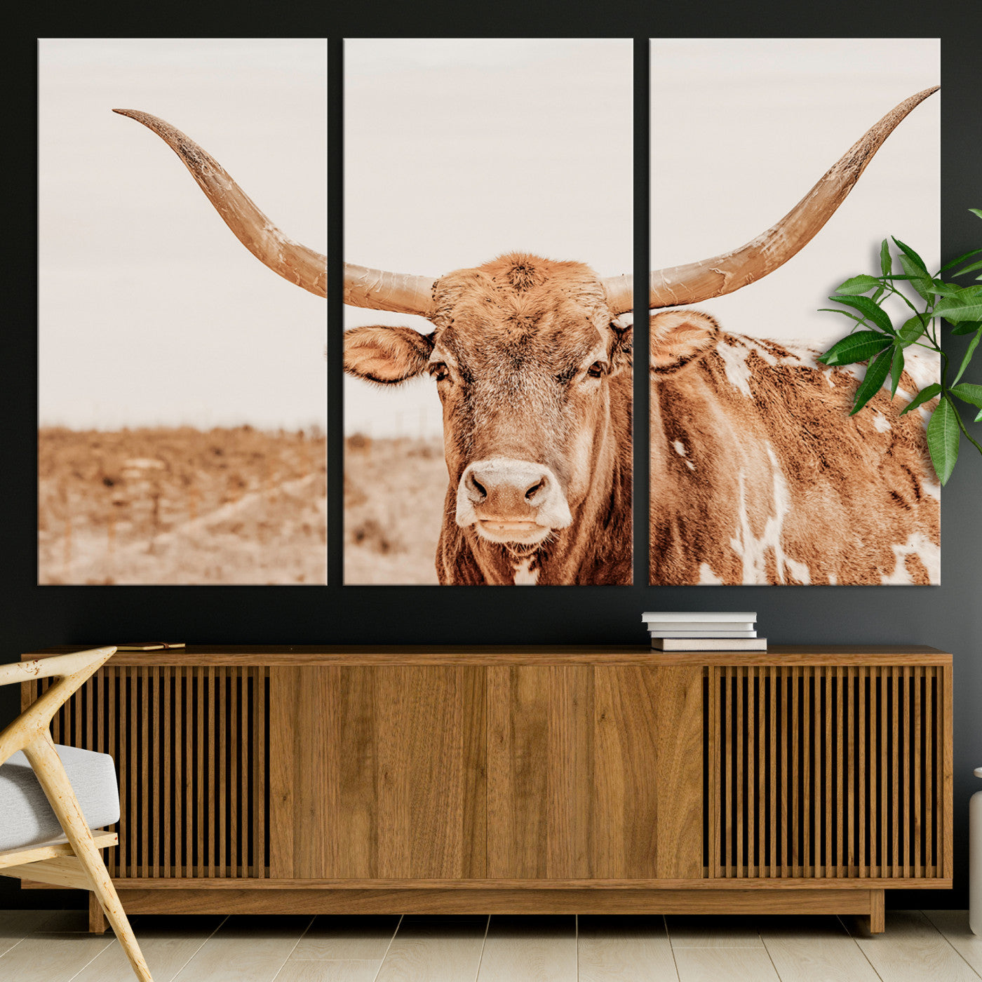 74406977-MGV-CV-48X32-3P-Longhorn Bull Decor Wall Art Canvas Print, Framed Western Cow Theme Art Picture Print, Rustic Farmhouse Wall Perfect Neutral