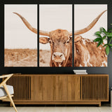 74406977-MGV-CV-48X32-3P-Longhorn Bull Decor Wall Art Canvas Print, Framed Western Cow Theme Art Picture Print, Rustic Farmhouse Wall Perfect Neutral