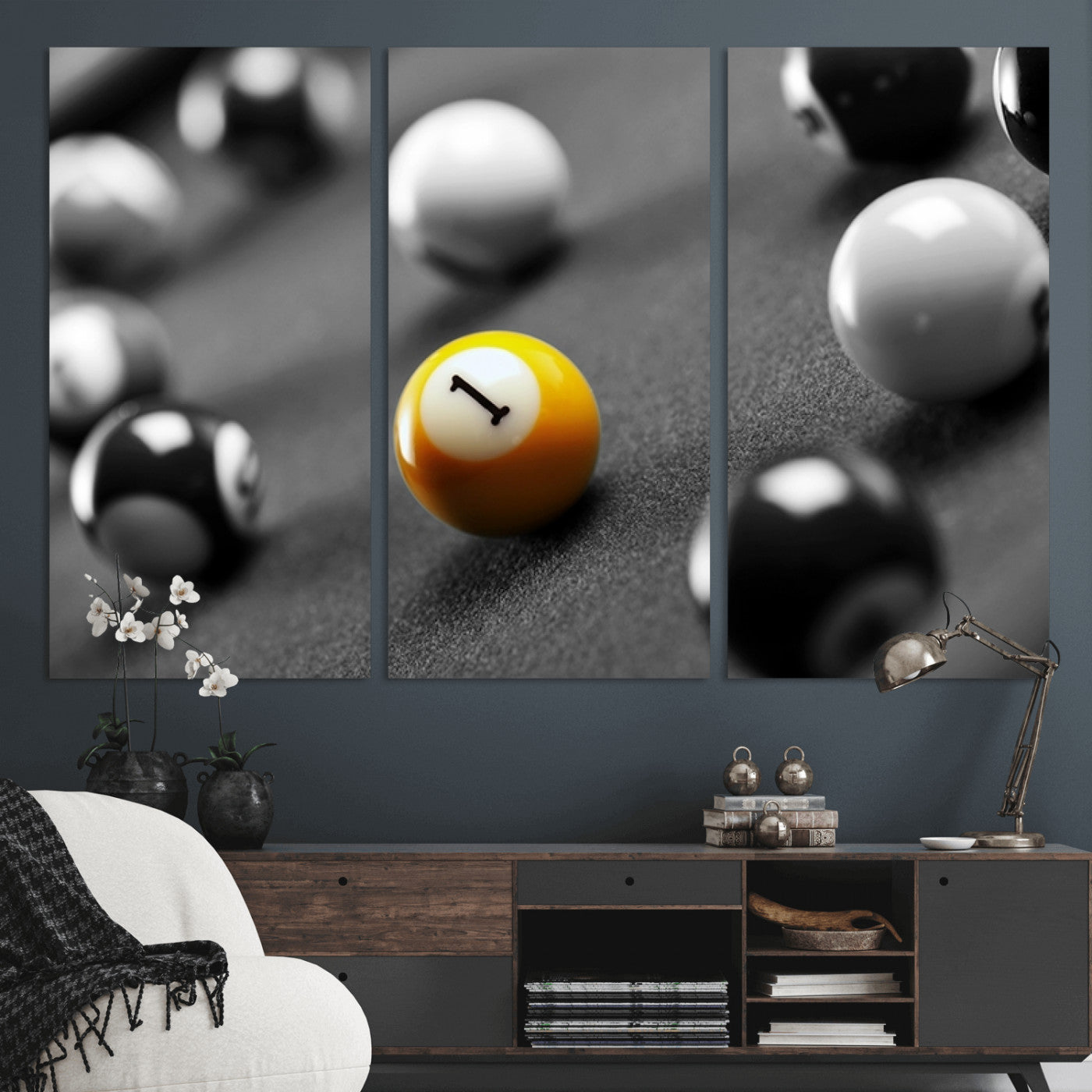 52108-MGV-CV-36X24-Precision Pool Table Wall Art – Close Up Yellow 1 Ball Canvas Print, Hand-Played Billiards Game Decor for Office, Game Room, or