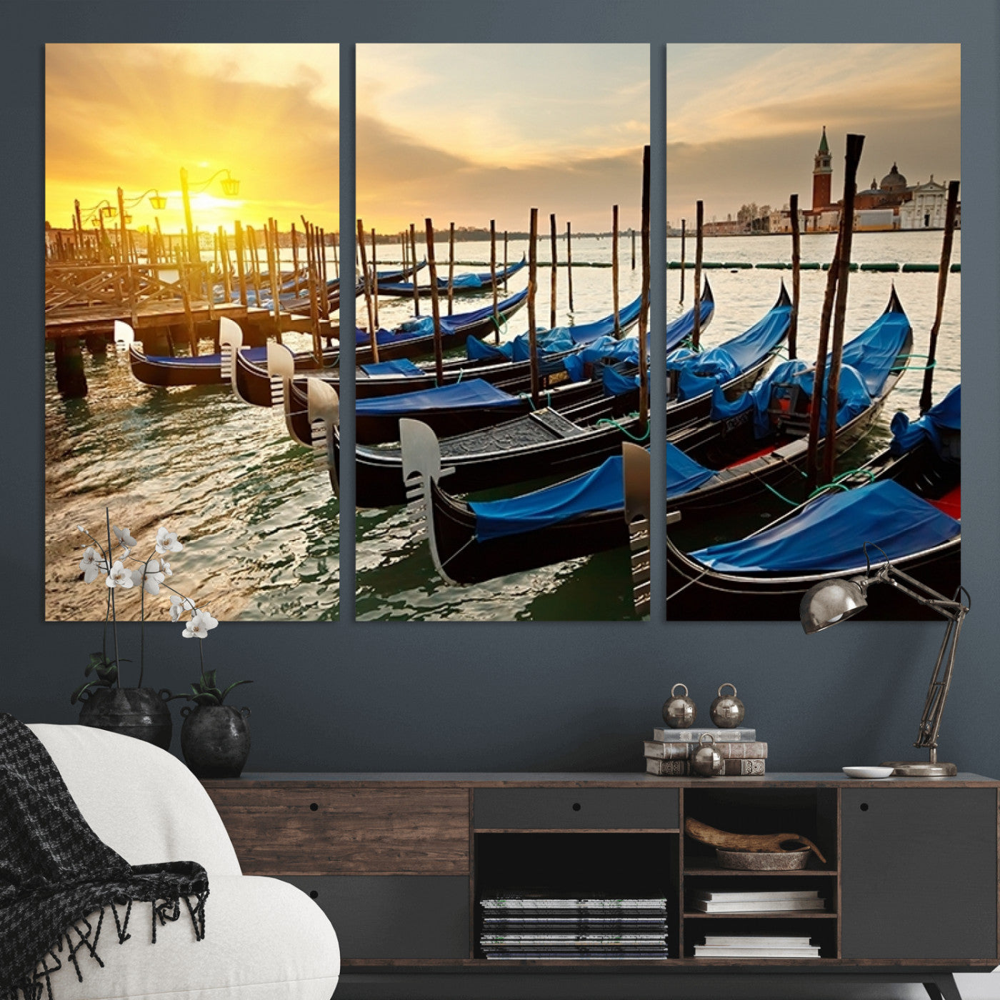 25872-MGV-CV-36X24-Venetian Gondola Dock Wall Art – Serene Sunset Canal Canvas Print, Tranquil Water Travel Decor for Office, Living Room, or Man