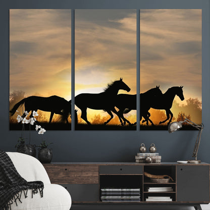 16620-MGV-CV-36X24-Sunset Stallions Wall Art – Silhouetted Horses Running Canvas Print, Nature’s Rhythm, Perfect for Living Room, Office, or Man Cave