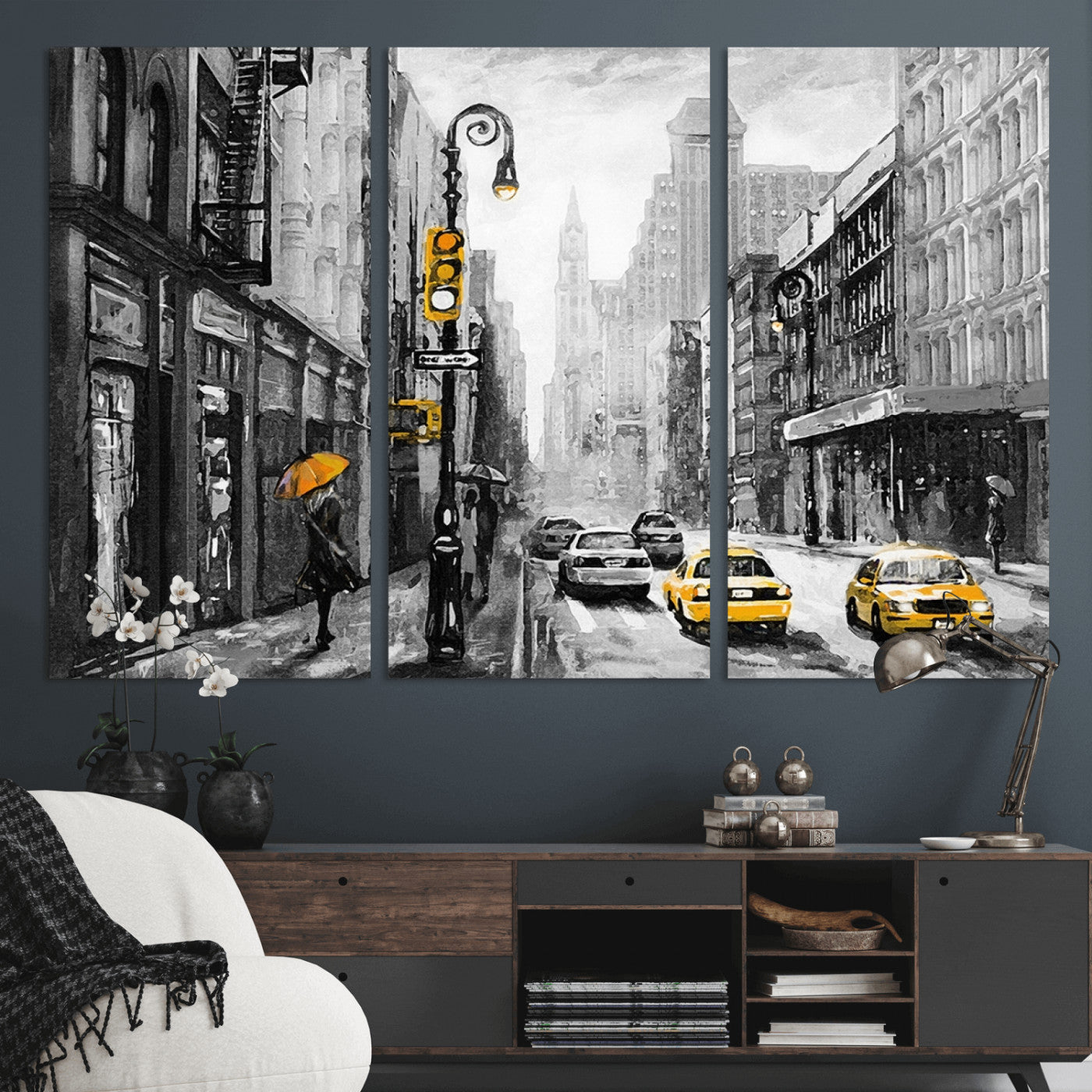 32362-MGV-CV-36X24-NYC Street Wall Art – Black and White Cityscape with Yellow Taxis and Umbrella Canvas Print, Urban Home Decor for Living Room or