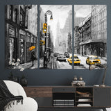 32362-MGV-CV-36X24-NYC Street Wall Art – Black and White Cityscape with Yellow Taxis and Umbrella Canvas Print, Urban Home Decor for Living Room or