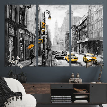 32362-MGV-CV-36X24-NYC Street Wall Art – Black and White Cityscape with Yellow Taxis and Umbrella Canvas Print, Urban Home Decor for Living Room or