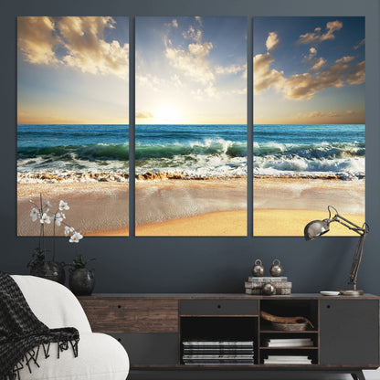 13139-MGV-CV-36X24-Sunrise Beach Wall Art – Ocean Waves and Golden Sand Canvas Print, Coastal Home Decor for Living Room, Bedroom, or Office