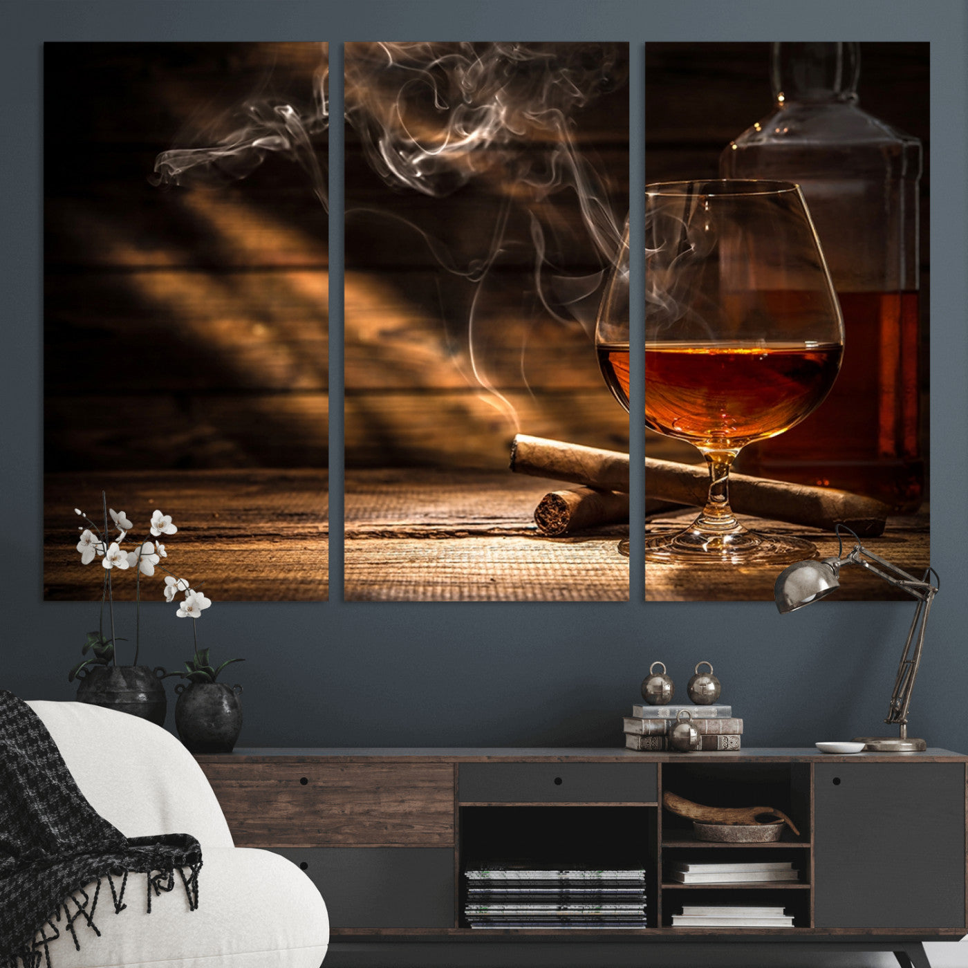 92305-MGV-CV-48X32-3P-Whiskey & Cigar Wall Art – Moody Whiskey and Cigar Canvas Print, Sophisticated Bar or Home Lounge Decor for Office, Man Cave or