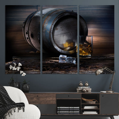 78049-MGV-CV-36X24-Whiskey Barrel Wall Art – Rustic Whiskey Barrel and Glass with Ice Canvas Print, Classic Bar or Lounge Decor for Home, Office, or