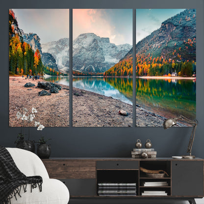 25982-MGV-CV-36X24-Autumn Mountain Lake Wall Art – Panoramic Fall Foliage and Snowy Peaks Canvas Print, Scenic Nature Decor for Living Room or Office