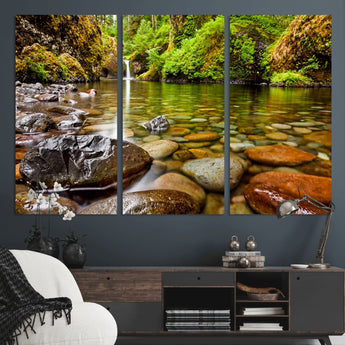 98096-MGV-CV-36X24-Serene River Waterfall Nature Photo – Calm Clear Water, Vibrant Green Forest and Smooth Stones Landscape Wall Art for Home or