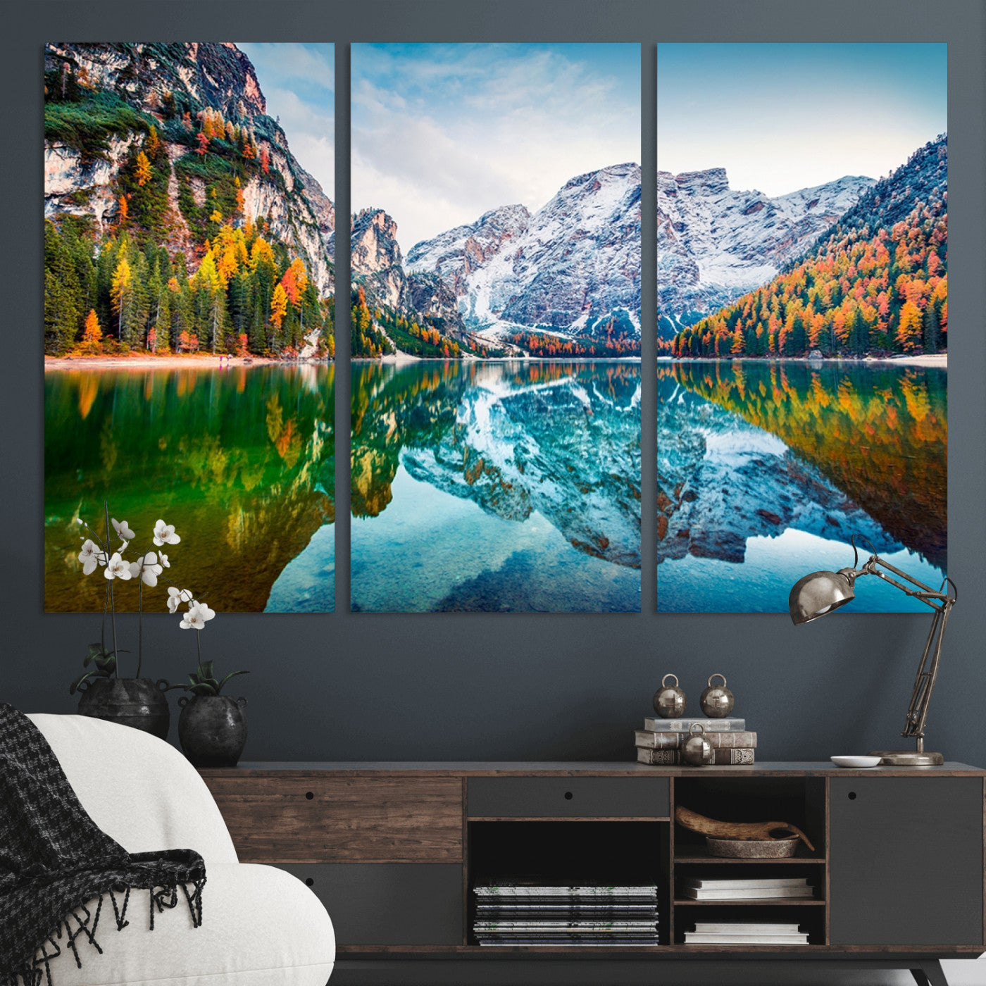 10402-MGV-CV-36X24-Snowy Mountain Lake Wall Art – Autumn Landscape Canvas Print with Reflection, Nature Decor for Living Room, Office, Bedroom or