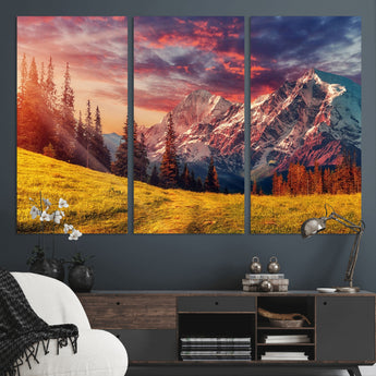 83947-MGV-CV-36X24-Sunset Mountain Landscape Wall Art – Panoramic Alpine Meadow and Snow Capped Peaks Canvas Print, Nature Scenic Decor for Home,