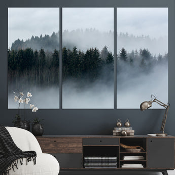 42596-MGV-CV-36X24-Misty Forest Wall Art – Atmospheric Pine Trees Canvas Print, Nature Landscape Decor for Living Room, Bedroom, Office, or Cabin