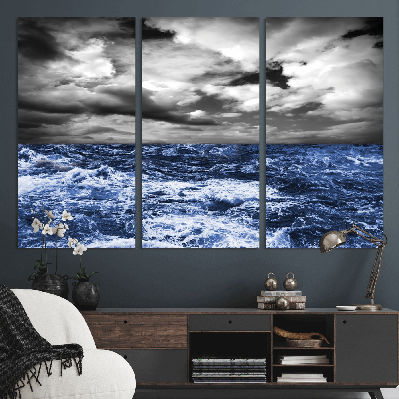 36012-MGV-CV-36X24-Dramatic Stormy Ocean Waves Black and White with Deep Blue Highlights – Moody Seascape Wall Art, Nature Photography Print for Home