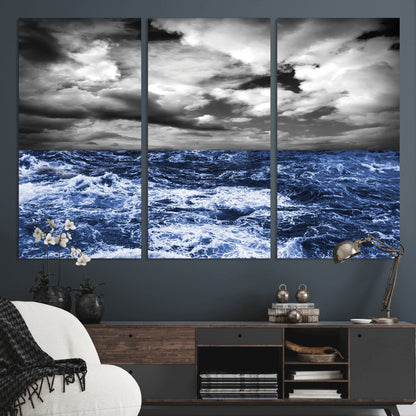 36012-MGV-CV-36X24-Dramatic Stormy Ocean Waves Black and White with Deep Blue Highlights – Moody Seascape Wall Art, Nature Photography Print for Home