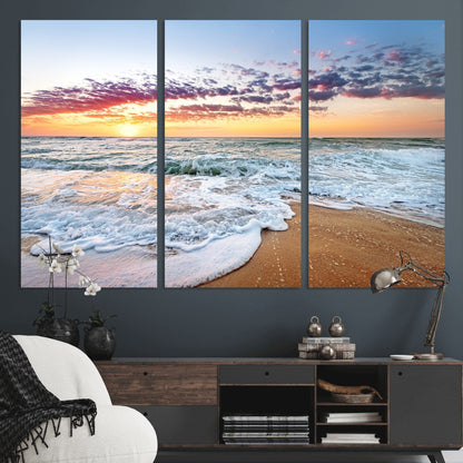 39560-MGV-CV-36X24-Sunrise Beach Wall Art – Vibrant Ocean Waves and Golden Sand Canvas Print, Seaside Coastal Decor for Living Room, Bedroom or