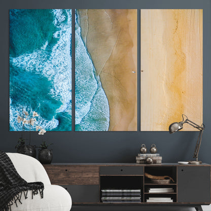46640-MGV-CV-36X24-Aerial Beach Wall Art – Turquoise Waves and Golden Sand Canvas Print with Lone Surfer, Coastal Ocean Decor for Living Room,