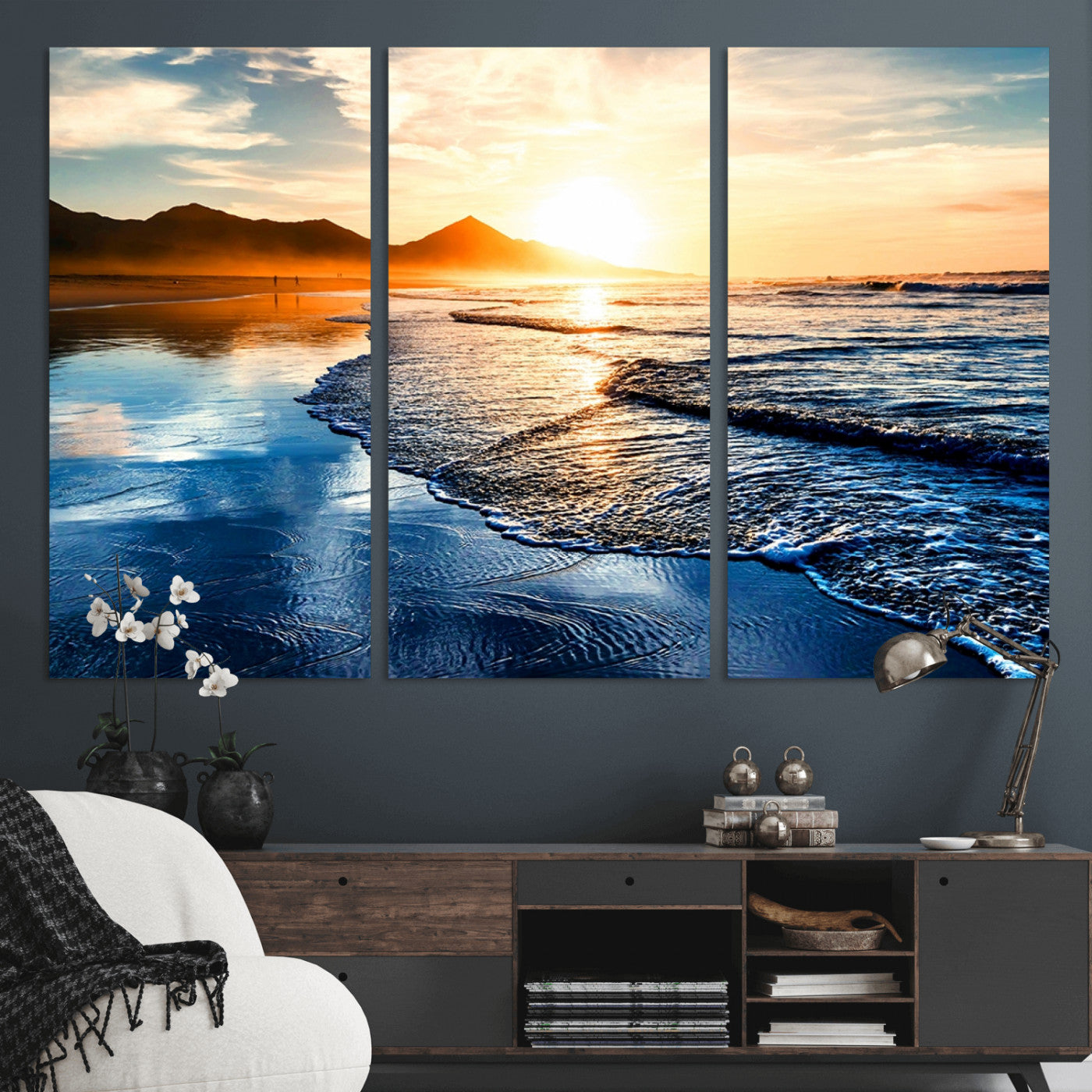 86173-MGV-CV-36X24-Golden Sunset Beach Wall Art – Reflective Ocean Canvas Print with Mountains and Waves, Coastal Nature Decor for Living Room,
