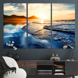 86173-MGV-CV-36X24-Golden Sunset Beach Wall Art – Reflective Ocean Canvas Print with Mountains and Waves, Coastal Nature Decor for Living Room,