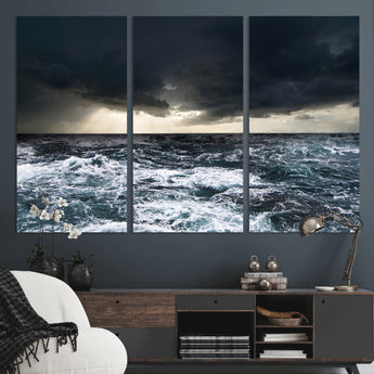42607-MGV-CV-36X24-Stormy Ocean Wall Art – Dramatic Sea and Sky Canvas Print with Sun Rays, Moody Nature Decor for Living Room, Office, Bedroom or