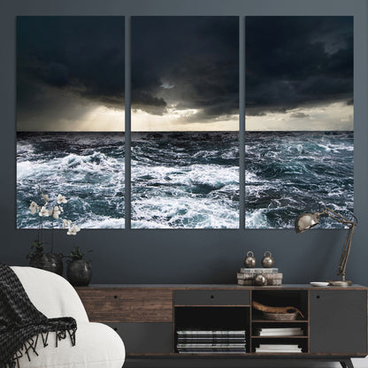 42607-MGV-CV-36X24-Stormy Ocean Wall Art – Dramatic Sea and Sky Canvas Print with Sun Rays, Moody Nature Decor for Living Room, Office, Bedroom or