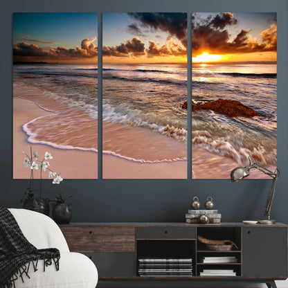 38302-MGV-CV-36X24-Sunset Beach Wall Art – Stunning Ocean Waves and Rock Canvas Print, Warm Coastal Decor for Living Room, Bedroom, Office or Beach