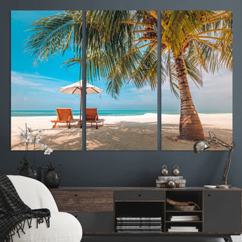 69754-MGV-CV-36X24-Tropical Beach Wall Art – Relaxing Palm Tree and Lounge Chairs Canvas Print, Serene Coastal Decor for Living Room, Bedroom, Office