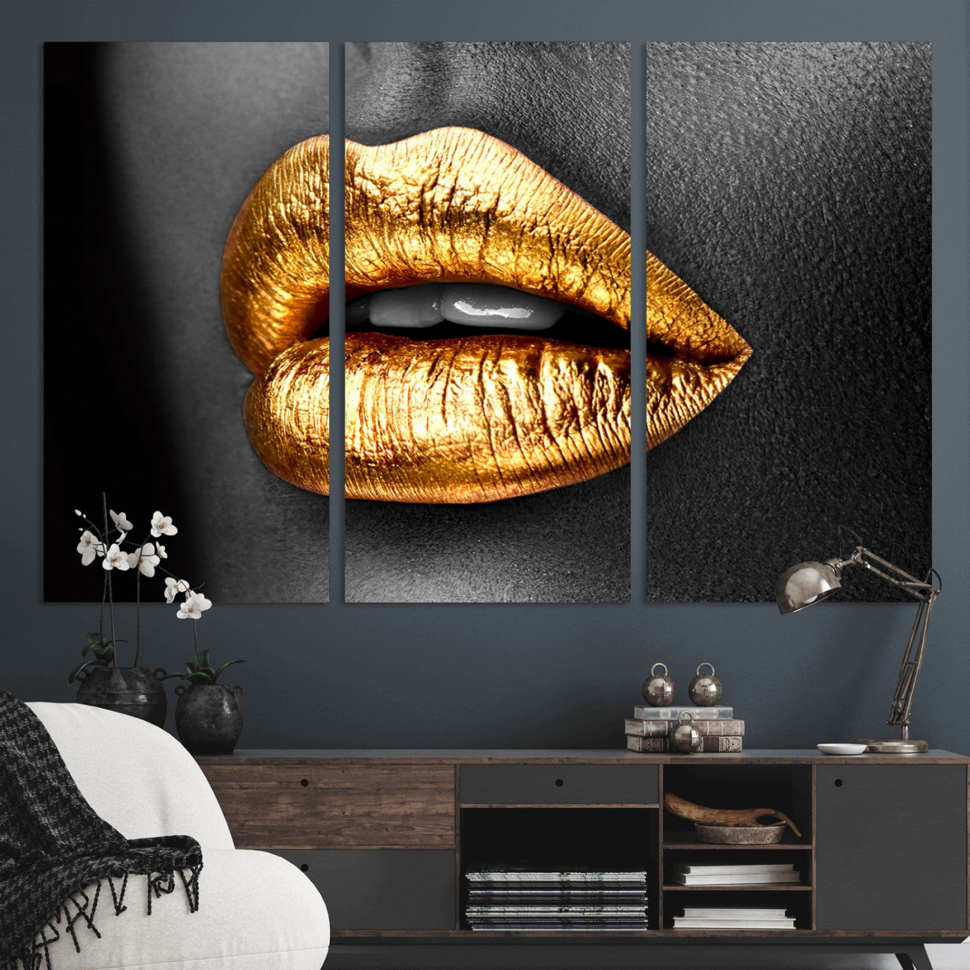 84747-MGV-CV-36X24-Golden Lips Black & White Portrait – Glamorous Metallic Lip Art Print, Modern Wall Decor for Bedroom, Beauty & Fashion Lover Gift