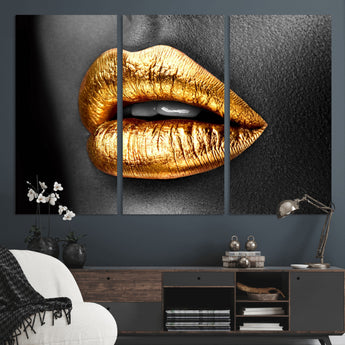 84747-MGV-CV-36X24-Golden Lips Black & White Portrait – Glamorous Metallic Lip Art Print, Modern Wall Decor for Bedroom, Beauty & Fashion Lover Gift