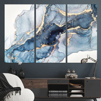 33782-MGV-CV-36X24-Abstract Marble Wall Art – Blue & Gold Fluid Painting Canvas Print, Modern Home Decor for Living Room, Bedroom or Office