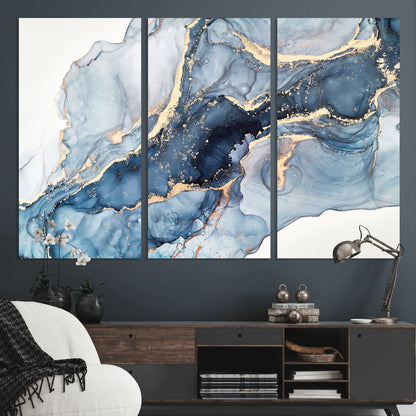 33782-MGV-CV-36X24-Abstract Marble Wall Art – Blue & Gold Fluid Painting Canvas Print, Modern Home Decor for Living Room, Bedroom or Office