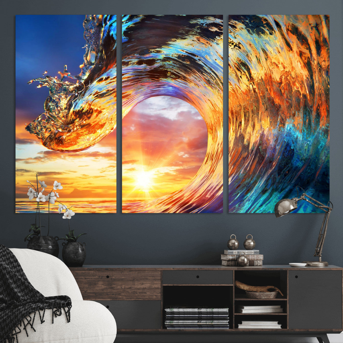 52890-MGV-CV-36X24-Surfing Wave Wall Art Canvas Print, Framed Sunset Ocean Art Picture Print, Ocean Wave Perfect Nautical Decor Artwork