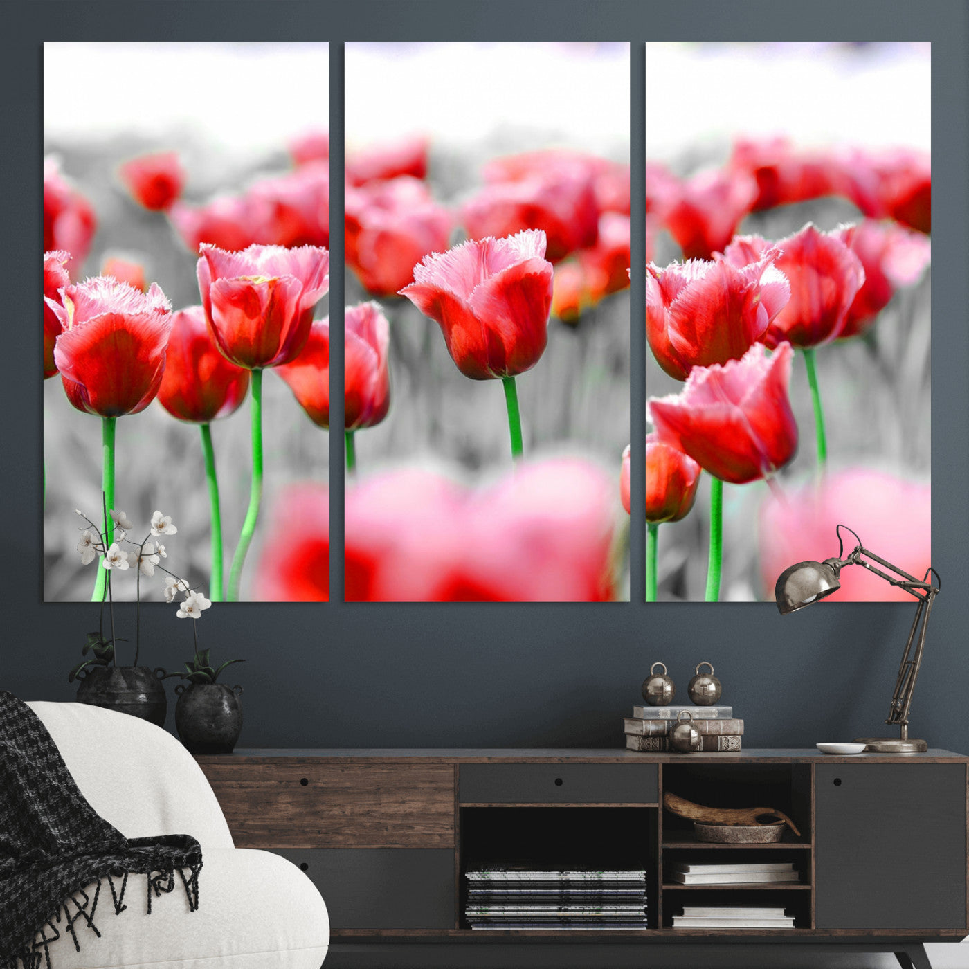 44554-MGV-CV-36X24-Vibrant red tulips stand out beautifully against a black-and-white background, making a striking decor piece perfect for any home