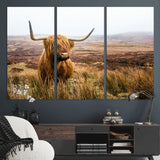 79391-MGV-CV-36X24-Majestic Highland Cow in Misty Scottish Moorland – Rustic Natural Charm, Perfect for Unique Home or Office Decor