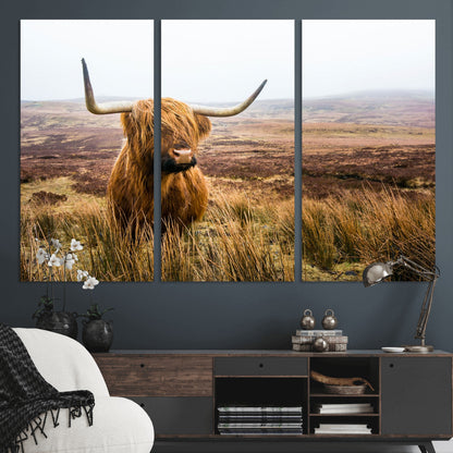 79391-MGV-CV-36X24-Majestic Highland Cow in Misty Scottish Moorland – Rustic Natural Charm, Perfect for Unique Home or Office Decor