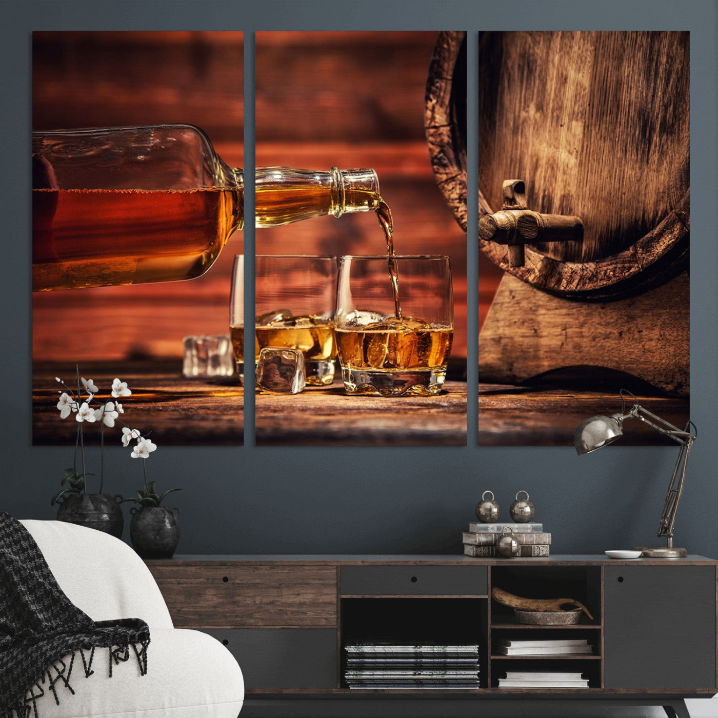 21266-MGV-CV-36X24-Pouring Whiskey into Glasses with Ice – Rustic Wooden Barrel Background, Warm Ambient Lighting, Ideal Decor for Home or Office