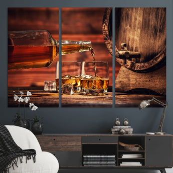 21266-MGV-CV-36X24-Pouring Whiskey into Glasses with Ice – Rustic Wooden Barrel Background, Warm Ambient Lighting, Ideal Decor for Home or Office