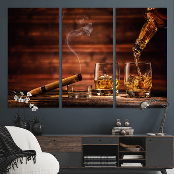 41139-MGV-CV-36X24-Whiskey and Cigar Still Life – Glasses with Ice and Pouring Amber Drink on Wooden Table with Smoke, Elegant Bar or Lounge Wall