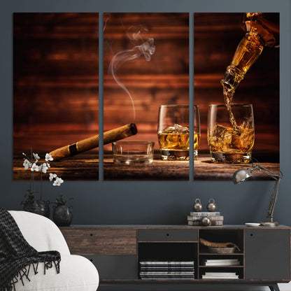 41139-MGV-CV-36X24-Whiskey and Cigar Still Life – Glasses with Ice and Pouring Amber Drink on Wooden Table with Smoke, Elegant Bar or Lounge Wall