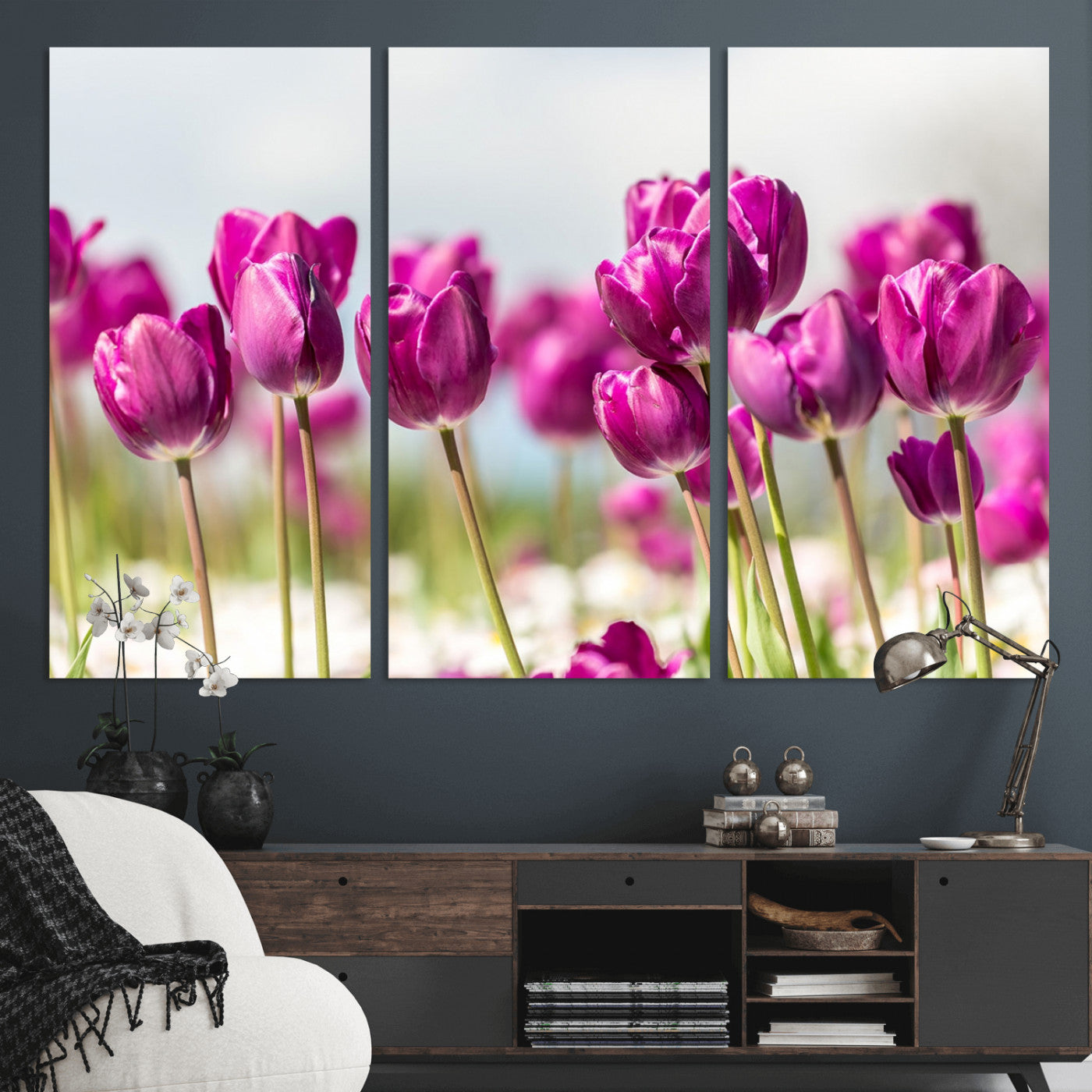 30632-MGV-CV-36X24-Purple Tulip Field Wall Art – Beautiful Spring Flowers Canvas Print with Soft Focus and Bright Sky, Ideal Floral Decor for Home or