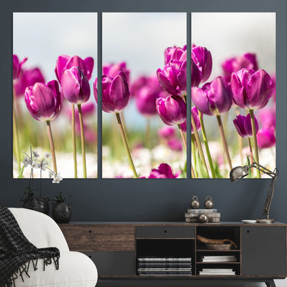 30632-MGV-CV-36X24-Purple Tulip Field Wall Art – Beautiful Spring Flowers Canvas Print with Soft Focus and Bright Sky, Ideal Floral Decor for Home or