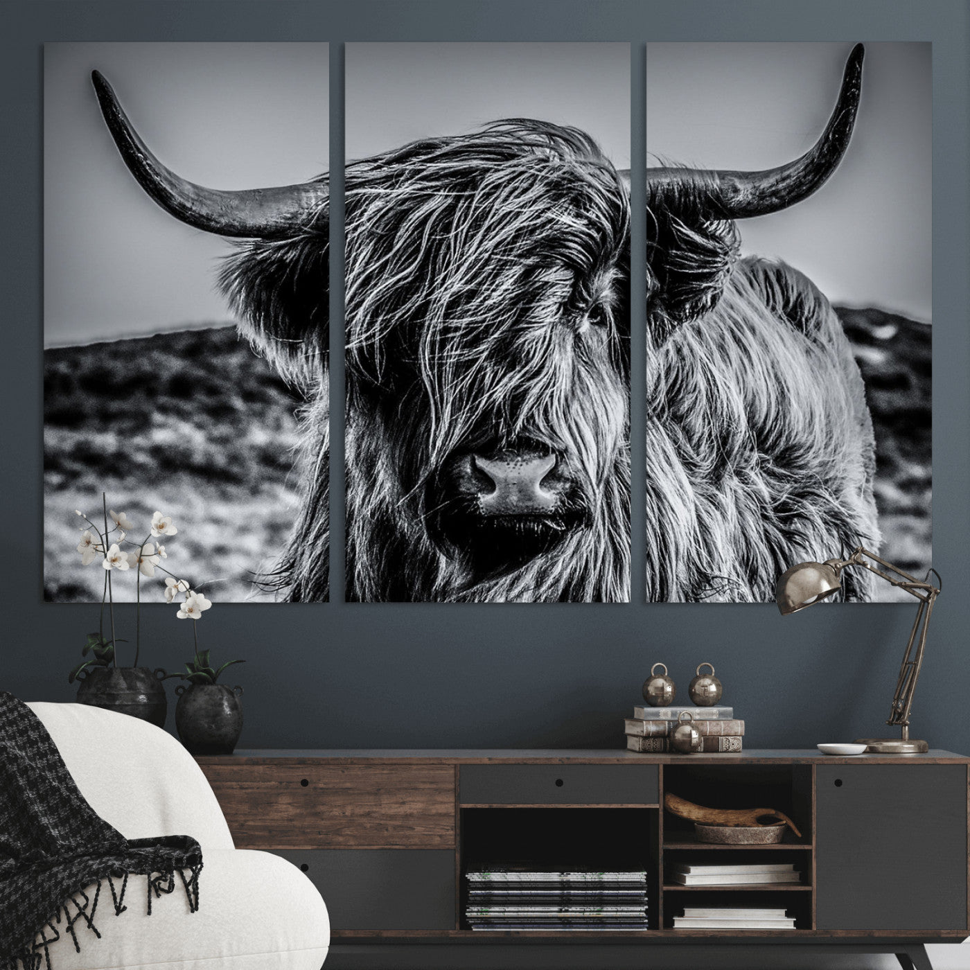 97372-MGV-CV-36X24-Elegant Highland Cow Wall Art – Black and White Canvas Print, Rustic Nature Decor for Home, Office, Living Room or Man Cave