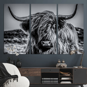 97372-MGV-CV-36X24-Elegant Highland Cow Wall Art – Black and White Canvas Print, Rustic Nature Decor for Home, Office, Living Room or Man Cave
