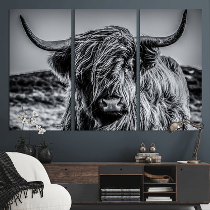 97372-MGV-CV-36X24-Elegant Highland Cow Wall Art – Black and White Canvas Print, Rustic Nature Decor for Home, Office, Living Room or Man Cave