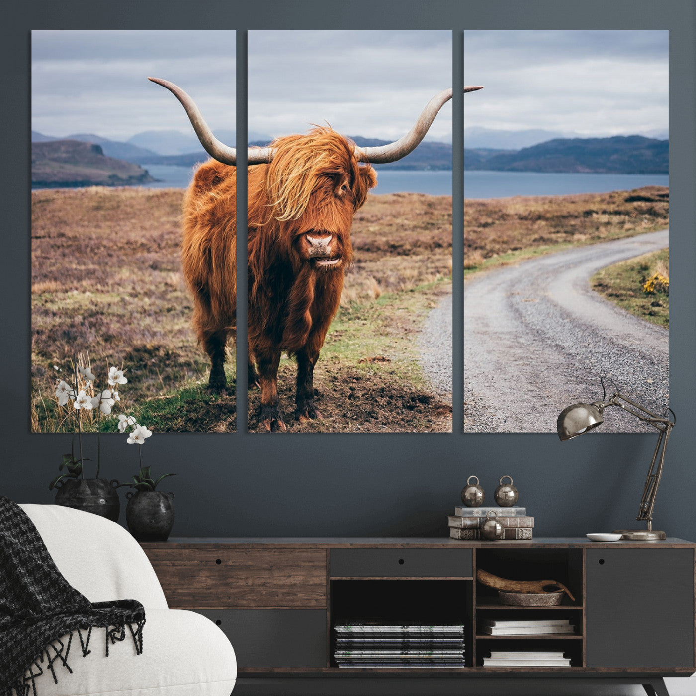 56121-MGV-CV-36X24-Rustic Highland Cow Wall Art – Panoramic Nature Canvas Print, Perfect Decor for Home, Office, Living Room or Man Cave