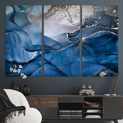 27810-MGV-CV-36X24-Abstract Blue Gold Fluid Art Wall – Modern Canvas Print, Elegant Home & Office Wall Art, Stylish Living Room or Bedroom Decor