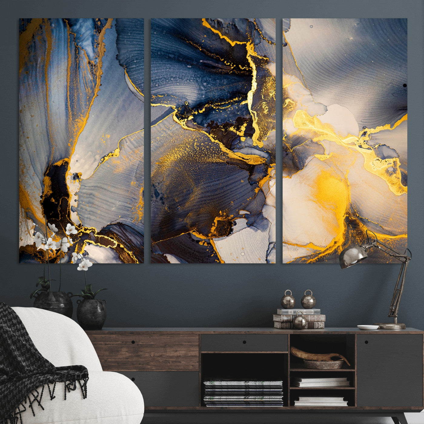 42100-MGV-CV-36X24-Golden Flow Abstract Wall Art – Panoramic Modern Blue and Gold Canvas Print, Contemporary Artistic Decor for Home, Office