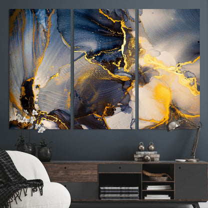42100-MGV-CV-36X24-Golden Flow Abstract Wall Art – Panoramic Modern Blue and Gold Canvas Print, Contemporary Artistic Decor for Home, Office
